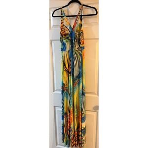 Miss Morena Multi Color Tropical Animal Print V-Neck Maxi Dress Sleeveless 0197